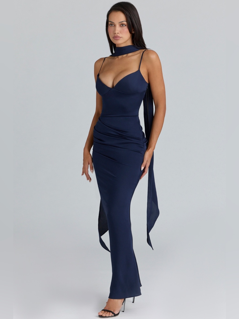 House of CB 'Freya Navy Satin Gathered Maxi dresses + scarf size M NWOT